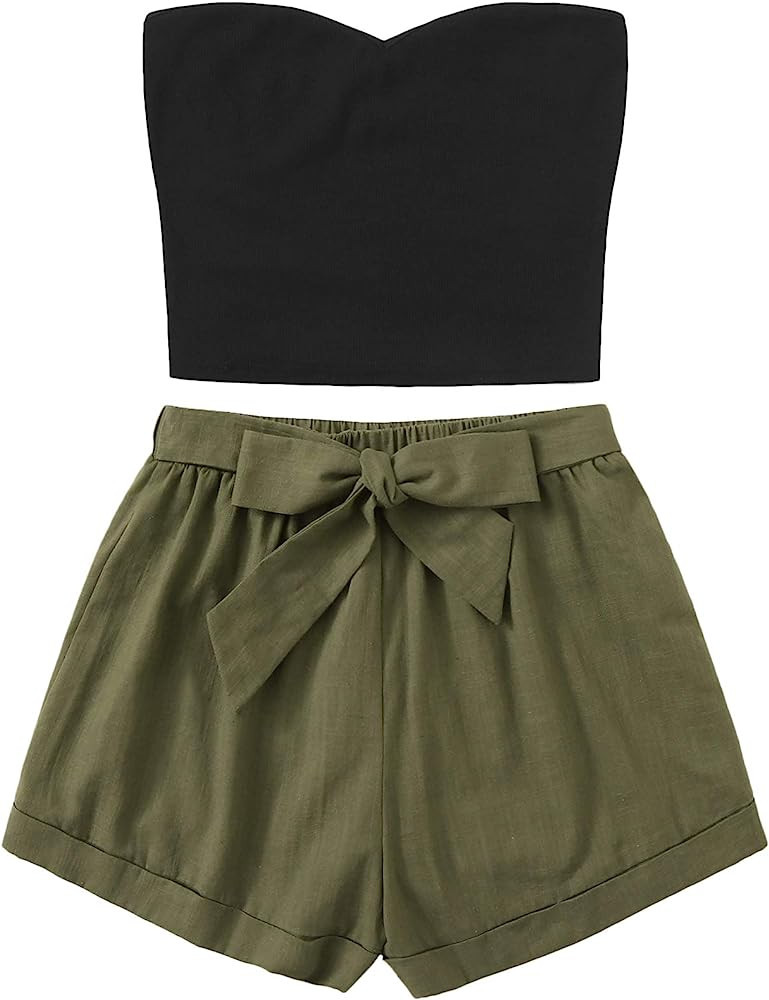 Floerns Women's 2 Piece Outfit Summer Plain Black Tube Crop Top with Khaki Olive Green Shorts Outfit | Amazon (US)