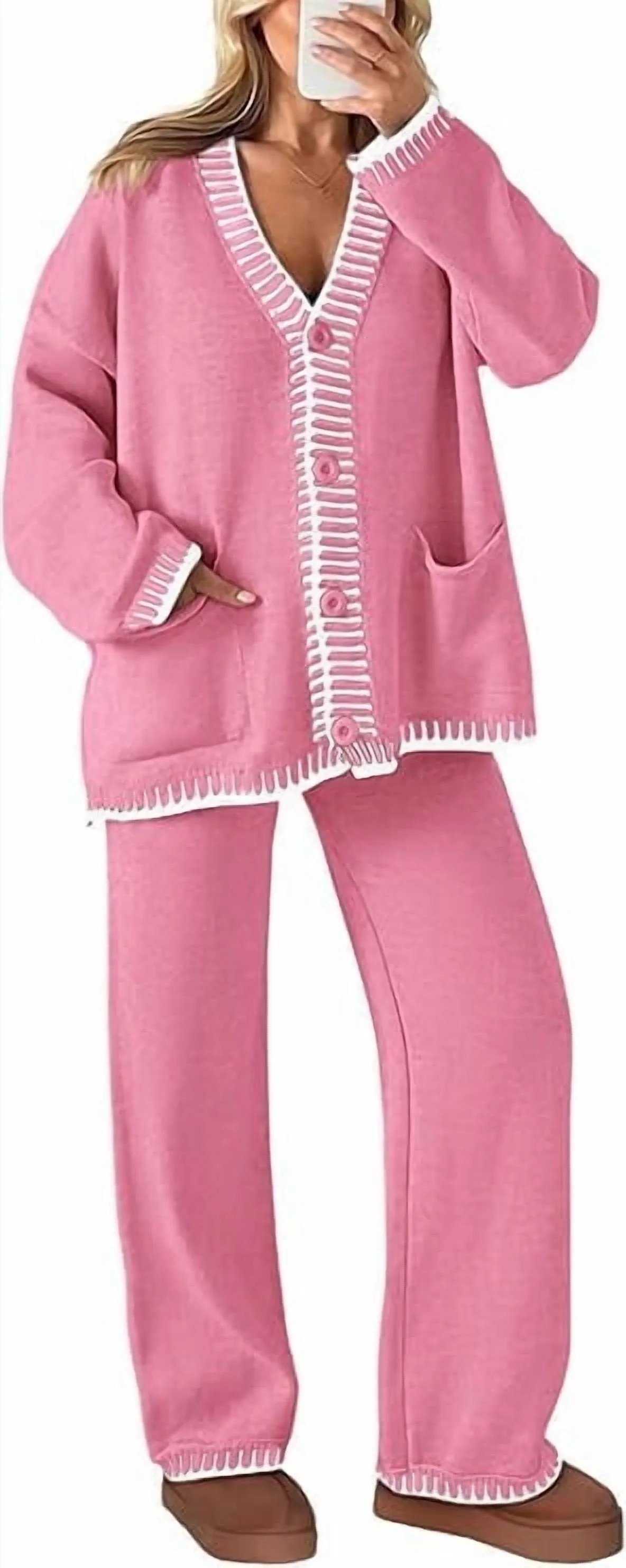 PRETTYGARDEN Women's 2 Piece Outfits Knit Matching Lounge Sets Long Sleeve V Neck Cardigan Sweate... | Walmart (US)