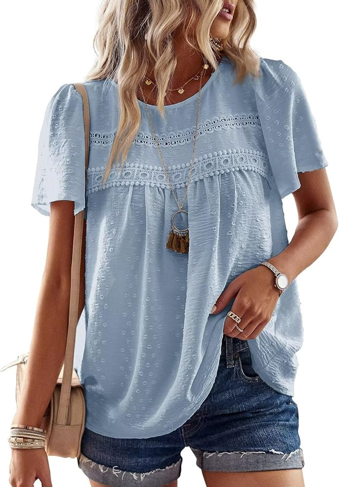 Falechay Womens Summer Tops Crewneck Short Sleeve Shirts Casual Chiffon Blouses Flowy Lace Hem Bo... | Amazon (US)