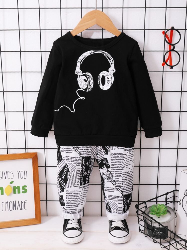 Toddler Boys Headset Print Pullover & Newspaper Print Sweatpants | SHEIN