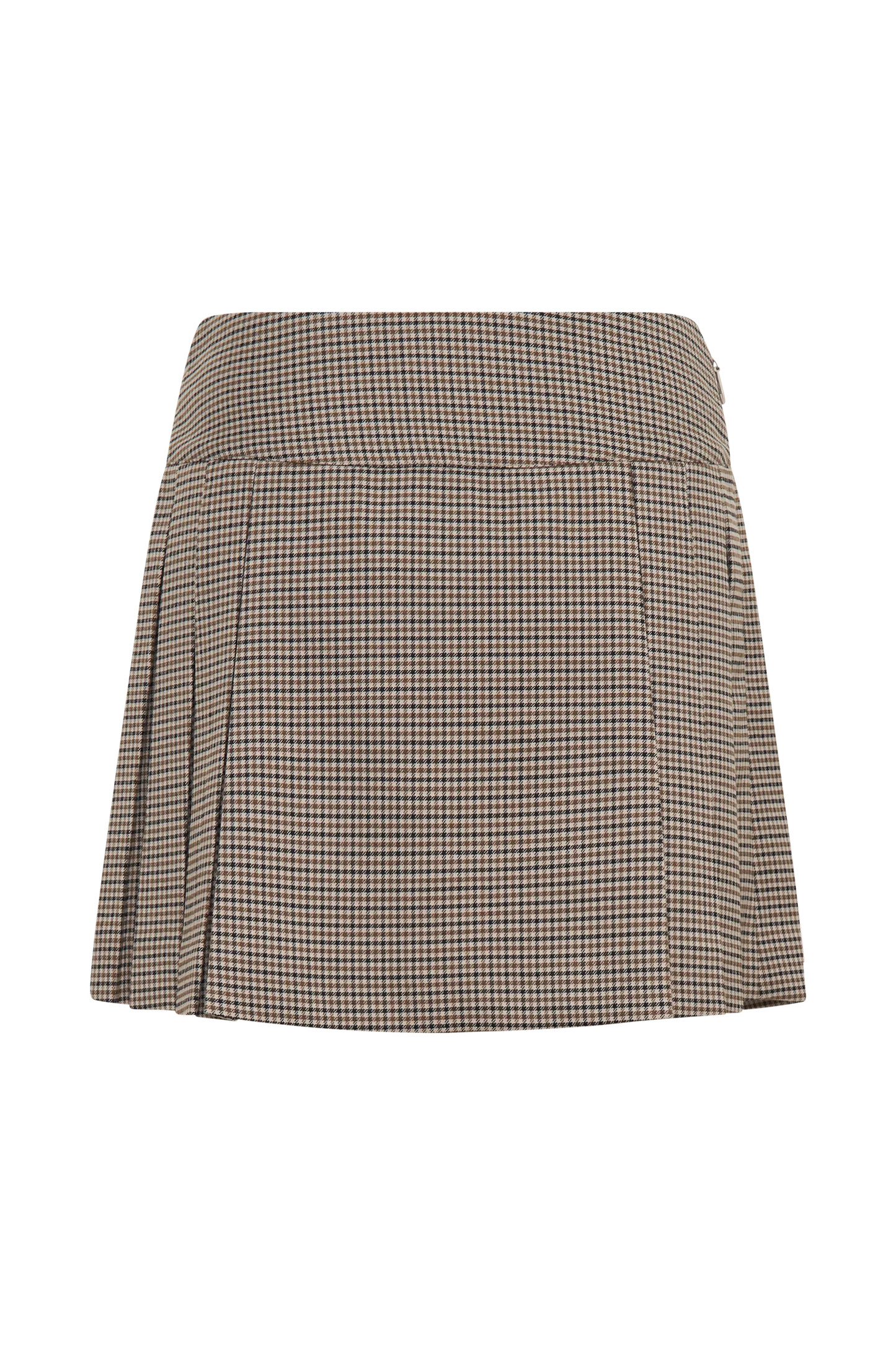 Angie Pleated Buckle Mini Skirt - Tan Check | MESHKI US