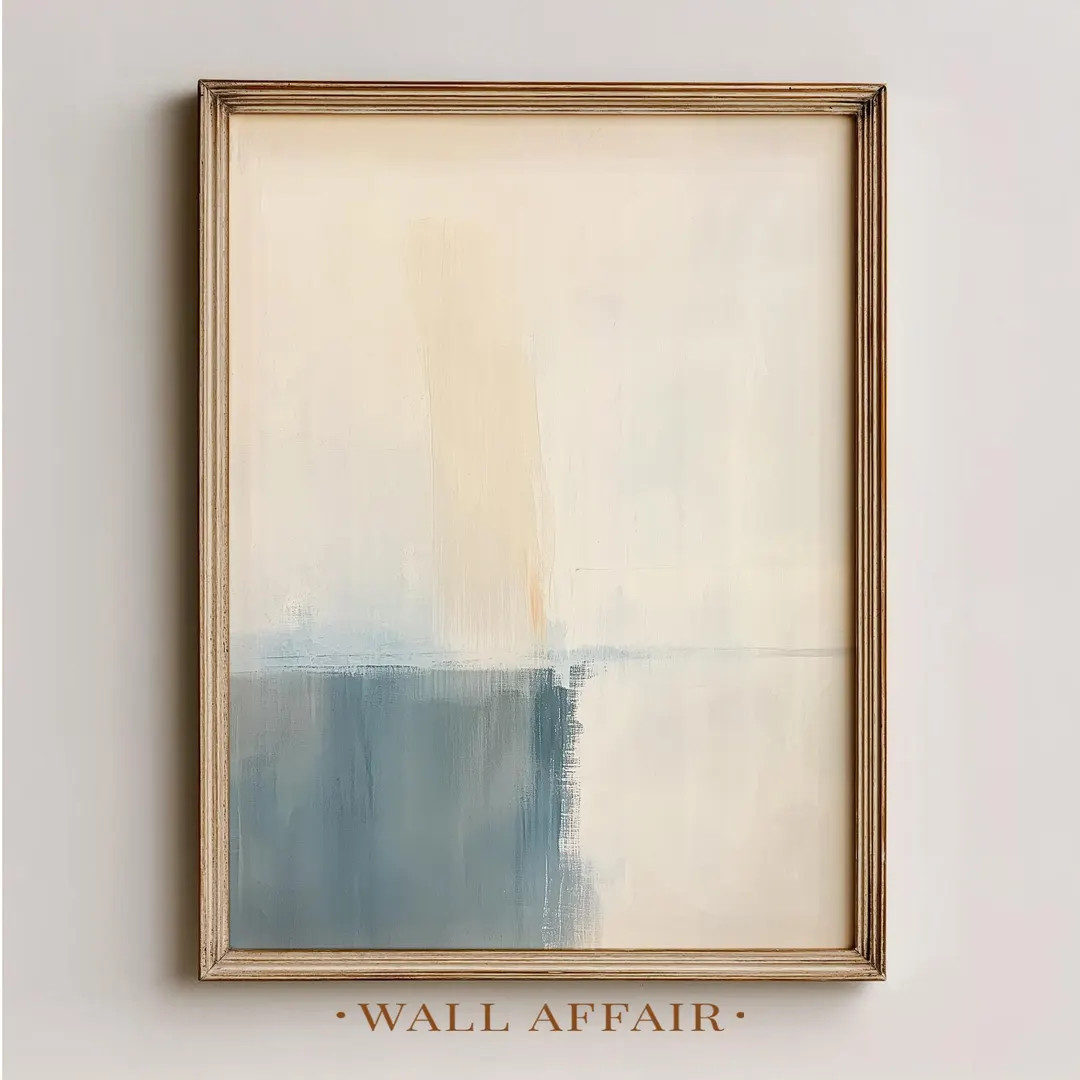 Calm Minimal Abstract Printable Wall Art - Japandi Style with Blue-Teal Brushstroke, Neutral Soft... | Etsy (US)