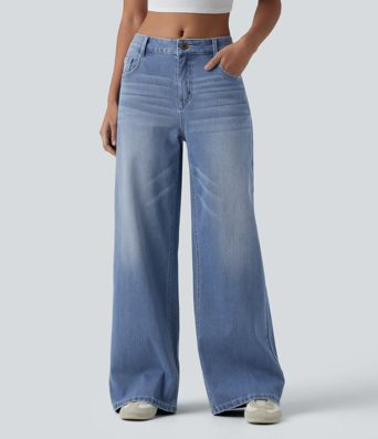 Women’s Halara Flex™ Mid Rise Washed Baggy Wide Leg Casual Jeans with Pockets - Halara | HALARA