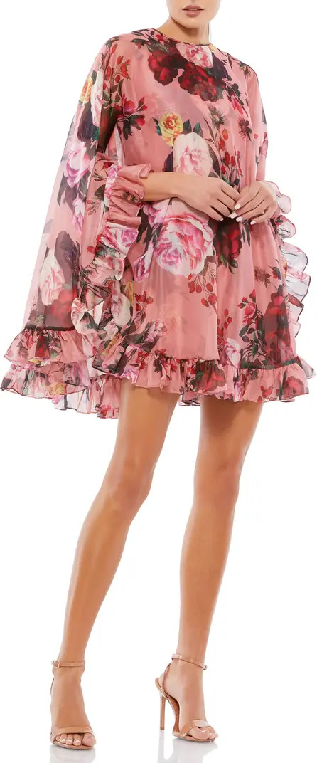 Mac Duggal Floral Print High Neck Ruffle Hem Cape Mini Dress | Nordstrom | Nordstrom