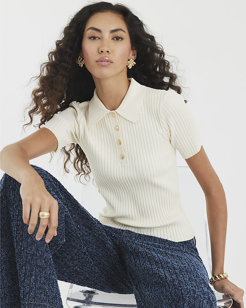 Cream Knit Ribbed Polo Top | River Island UK & IE