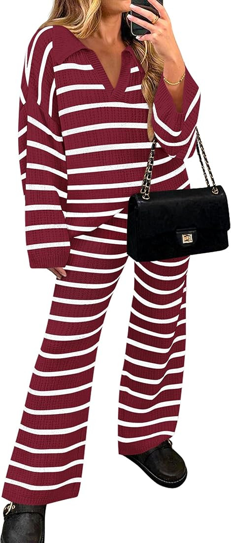 ZESICA Women's 2 Piece Sets Fall Casual Striped Long Sleeve V Neck Knit Sweater Tops and Wide Leg... | Amazon (US)