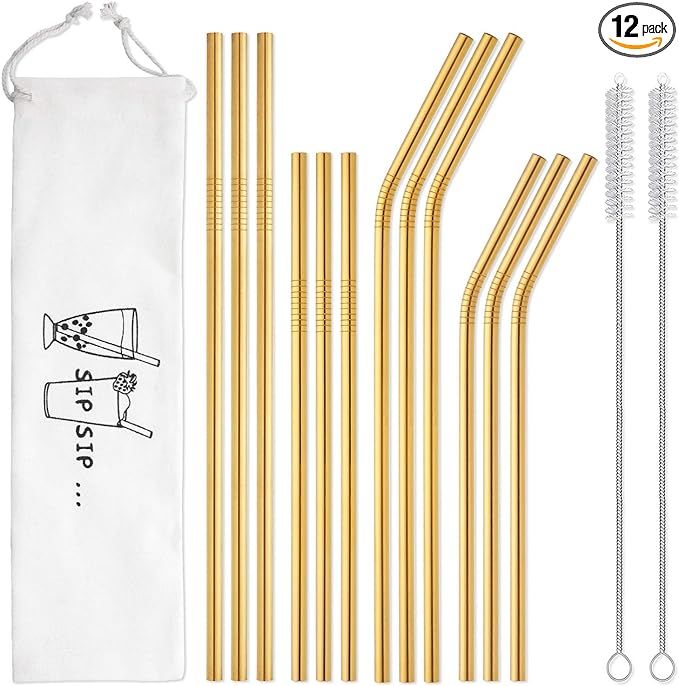 Hiware 12-Pack Gold Stainless Steel Straws Reusable with Case - Metal Drinking Straws for 30oz & ... | Amazon (US)
