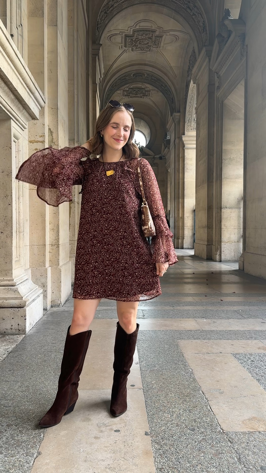 Paris Day 1 in the prettiest boho dress! 50% off + FREE ship 
Wearing xs petite, lined 
Size up 1/2 in leather boots 10k step tested 


#LTKPetite #LTKFallSale #LTKSaleAlert