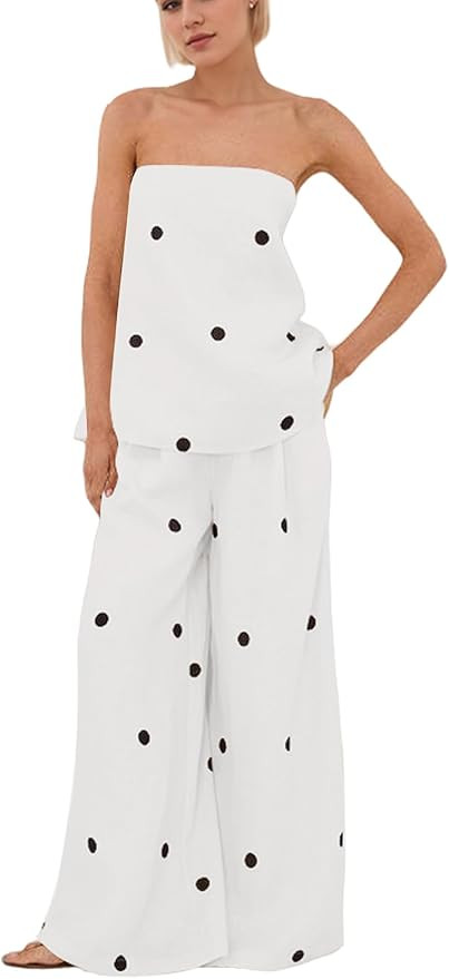 calbatic Women Polka Dot 2 Piece Outfits Spot Strapless Tube Top High Waist Wide Leg Pants Casual... | Amazon (US)