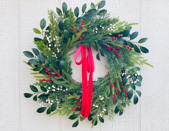Red and Green Christmas Wreath for Front Door Mixed Evergreen - Etsy | Etsy (US)