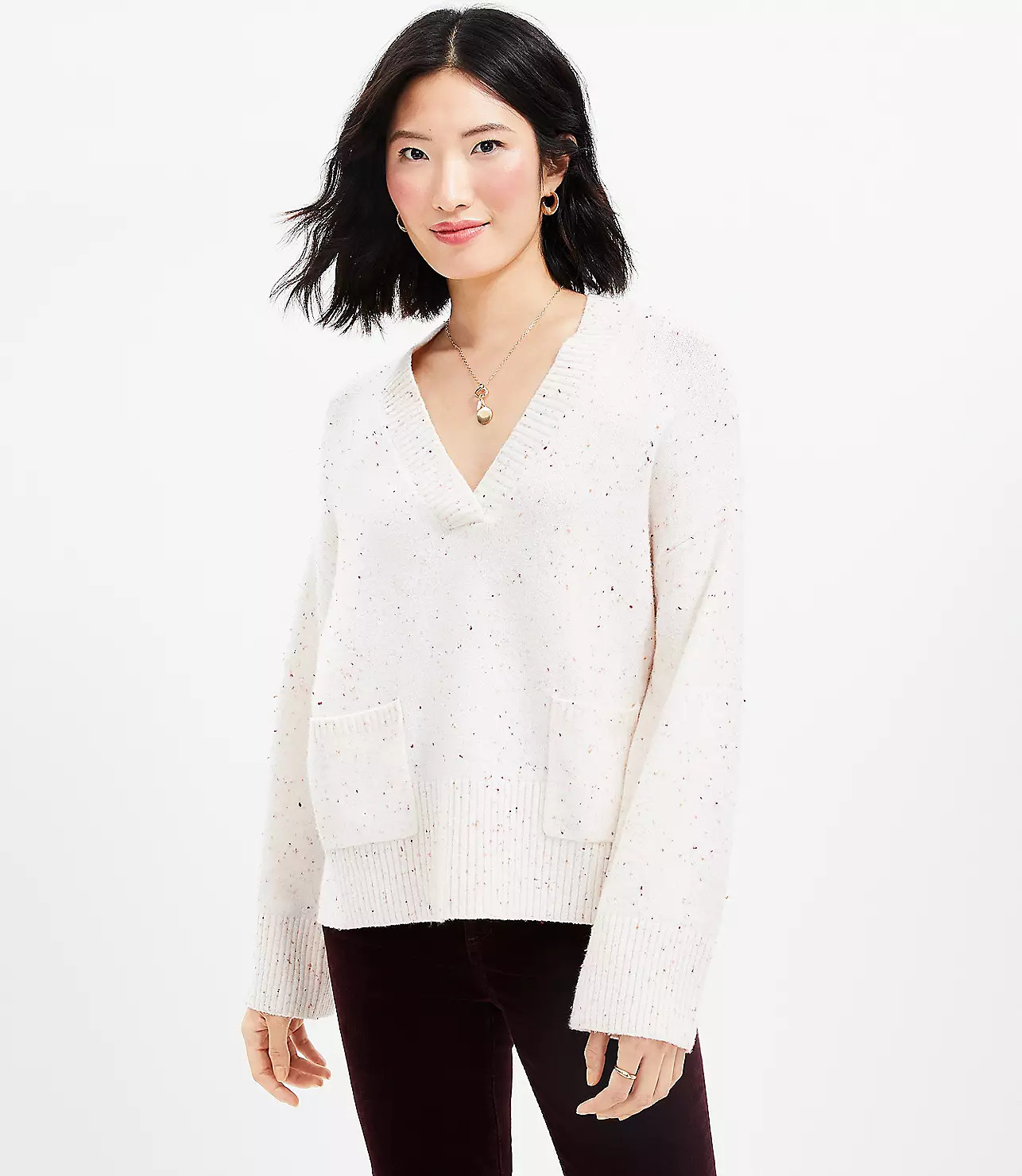 Flecked V-Neck Pocket Poncho Sweater | LOFT