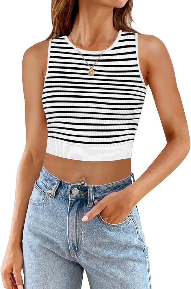 MEROKEETY Women's Ribbed Knit Crop Tank Tops Summer Y2K Striped Sleeveless Shirts | Amazon (US)