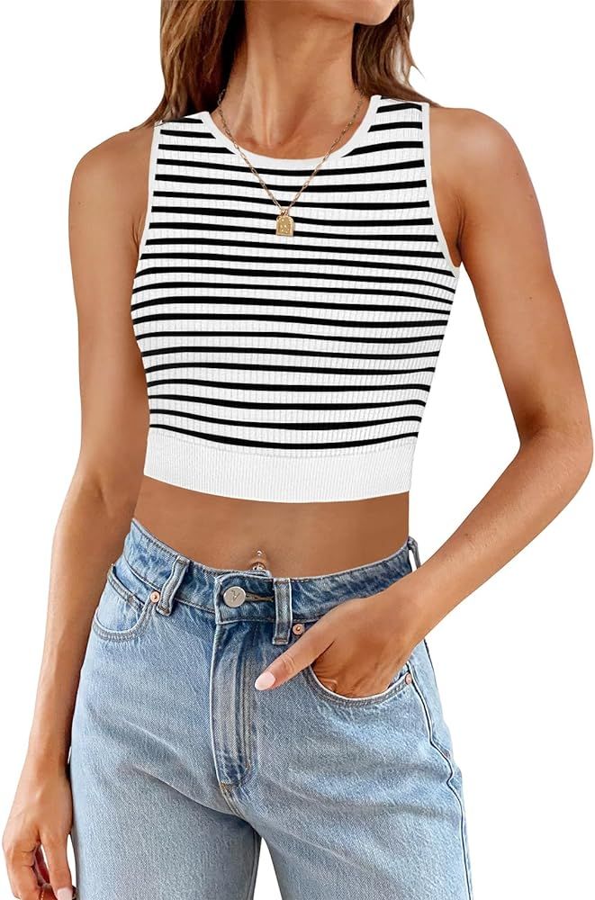 MEROKEETY Women's Summer Striped Crop Tank Tops Slim Fit Y2K Sleeveless Ribbed Knit Tanks White S... | Amazon (US)