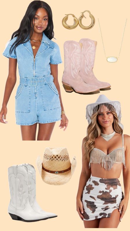 Country concert outfit ideas ! 
-cowboy boots, jean romper dress, white boots , pink boots , rhinestone crop top, necklace , cowgirl hat 

#LTKstyletip #LTKFind #LTKSeasonal