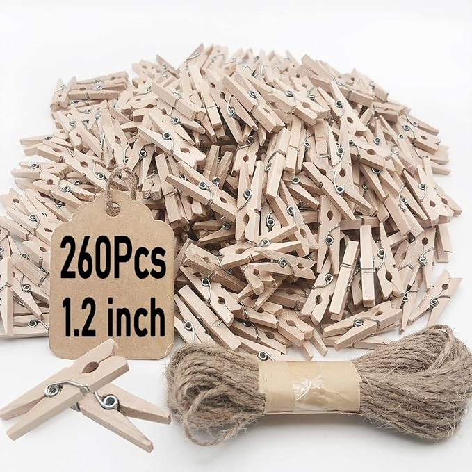 Mini Clothes Pins, 260 PCS Small Wooden Clothes Pin with Jute Twine, Clothespins, Clothes Pins fo... | Amazon (US)