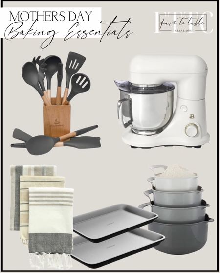 Mother’s Day Gift Baking Essentials. Follow @farmtotablecreations on Instagram for more inspiration. Beautiful Stand Mixer. White Icing Mixer. Kitchen Utensil Set. Cotton Tea Towel Set. Nonstick Cookie Sheets. Plastic Mixing Bowls. Nesting Bowls. Aesthetic Kitchen Finds. 