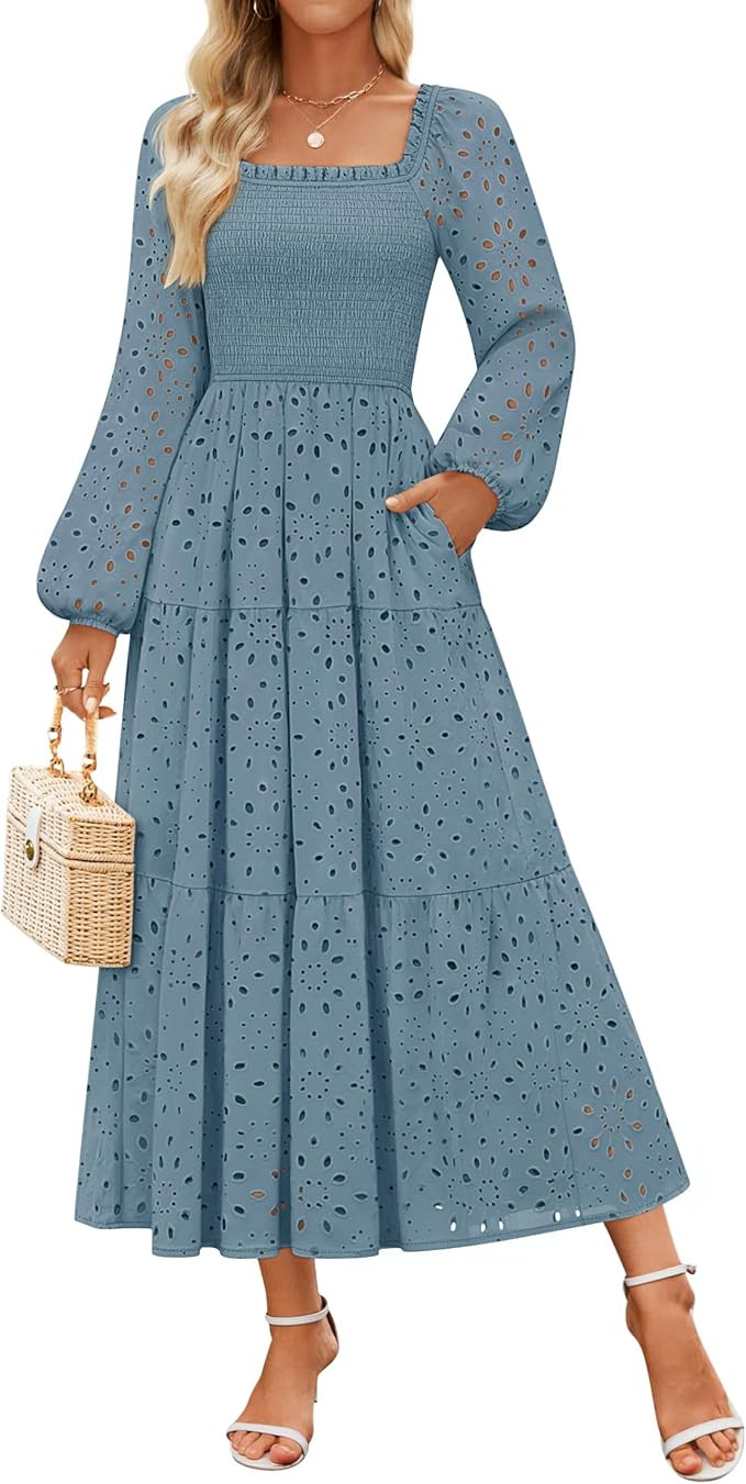 ZESICA Women's Spring Long Sleeve Maxi Dresses 2026 Square Neck Hollow Out Eyelet Smocked A Line ... | Amazon (US)