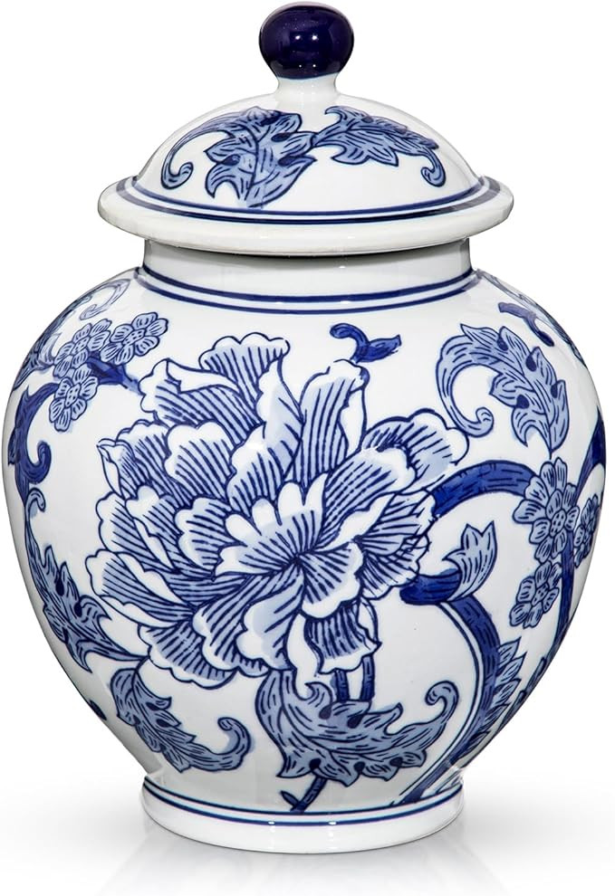 Blue and White Vase Ginger Jar - 8.7" Chinoiserie Decor Ginger Jar Blue & White Porcelain Flowers... | Amazon (US)