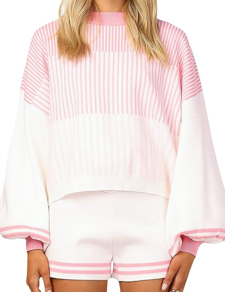 Himosyber 2 Piece Sweater Sets for Women Striped Knit Pullover Cute Short Sets Outfits | Amazon (US)