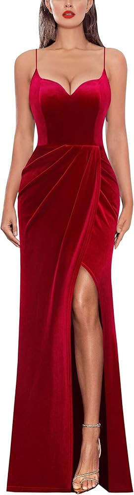 VFSHOW Womens Sexy Formal Ruched Fitted High Slit Bodycon Maxi Dress Spaghetti Strap Sweetheart C... | Amazon (US)