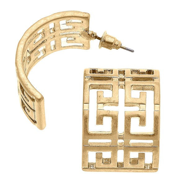 Brennan Greek Keys Hoop Earrings in Worn Gold | CANVAS