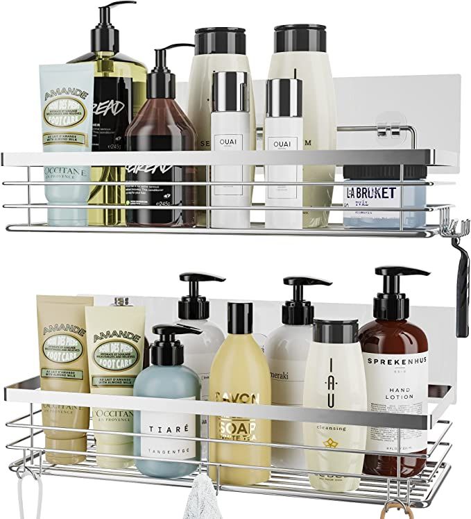 Orimade Shower Caddy Stainless Steel No Drilling Adhesive Wall Mounted Shower Shelf with 5 Hooks ... | Amazon (UK)