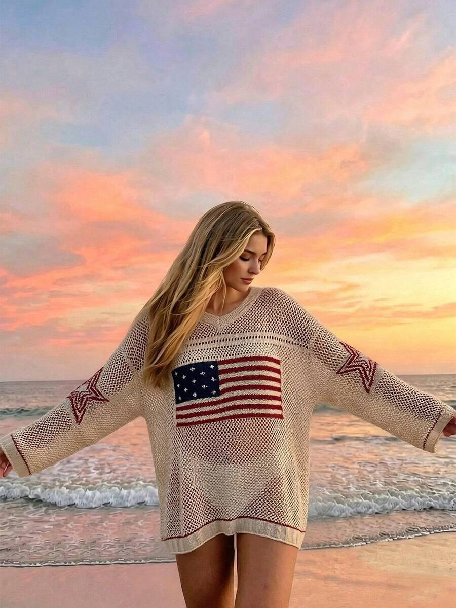 Swim SXY Girls' Oversized Knit Pullover Cover Up With Stripes, Letter Print, USA Flag And Star De... | SHEIN