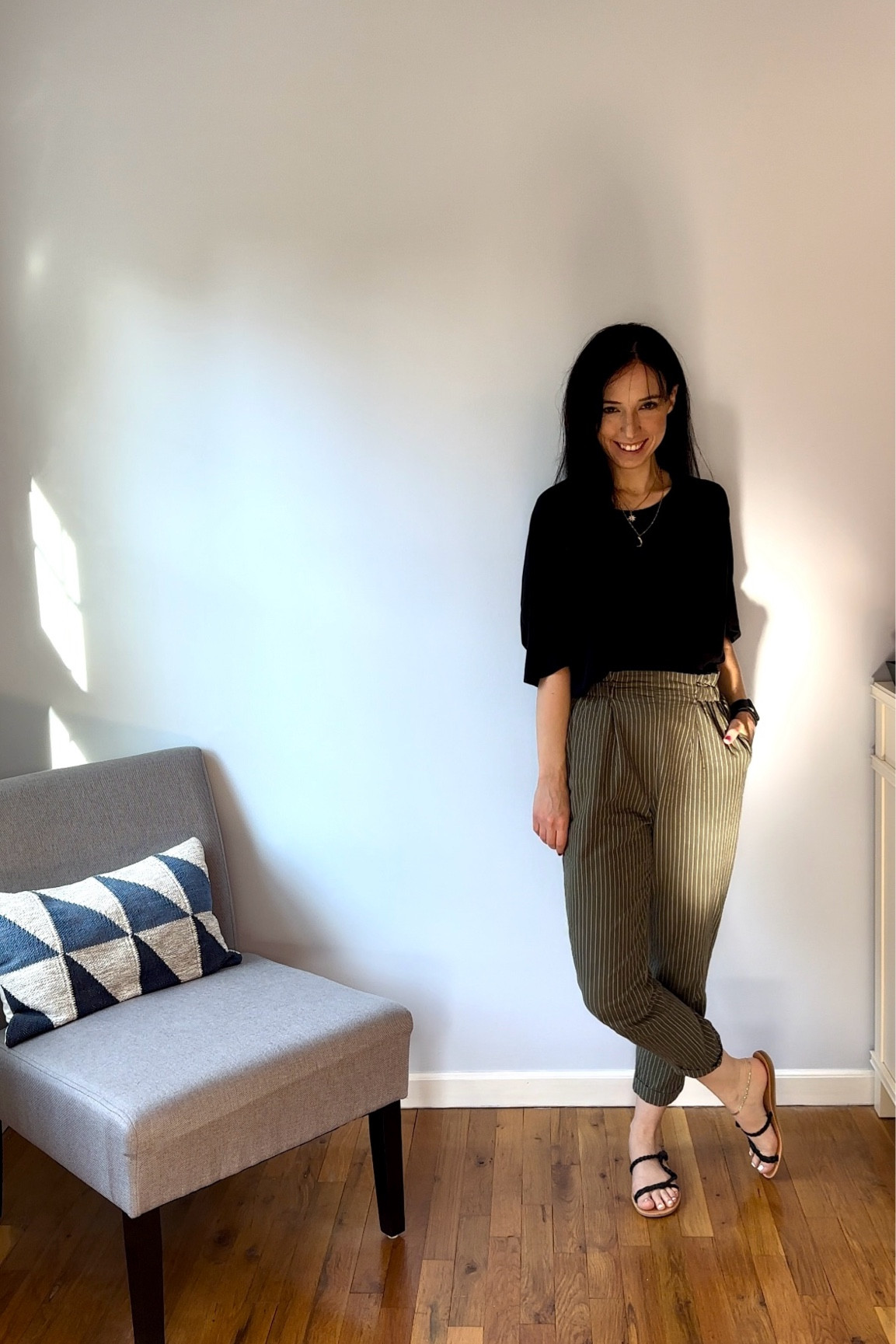 Black tee size XS
Green pants size XS
Black sandals size 6.5

Work outfit, summer outfit, causal outfit, easy outfit, millennial outfit, minimalist outfit 

#LTKWorkwear #LTKFindsUnder100 #LTKStyleTip