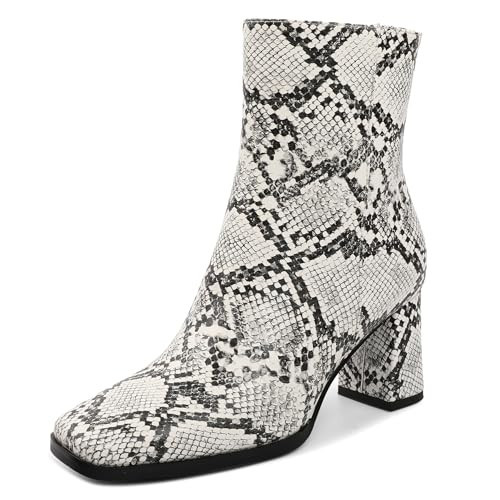 Joseywade Snakeskin Boots Women Square Toe Short Gogo Boots Chunky Booties High Block Heel Side Zip 3 Inch Fall Winter Leather Booties Size 8.5 | Amazon (US)
