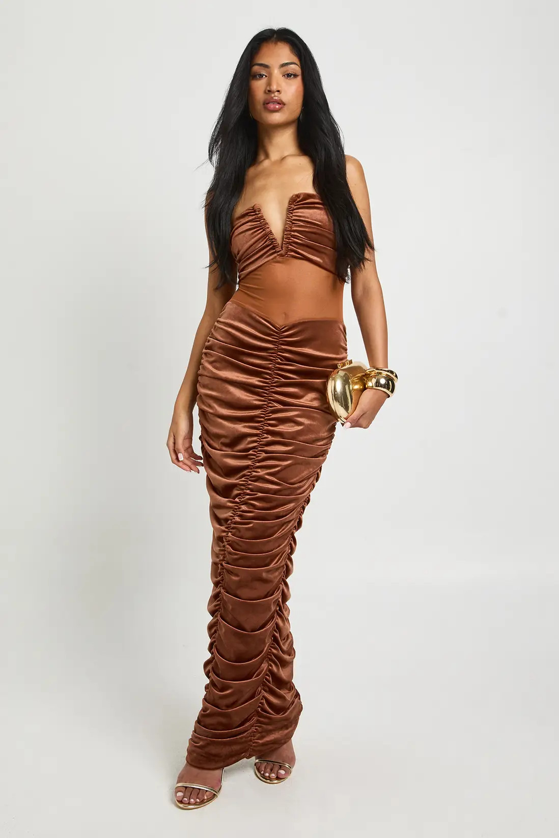 Velvet Mesh Plunge Ruched Maxi Dress | boohoo (US & Canada)