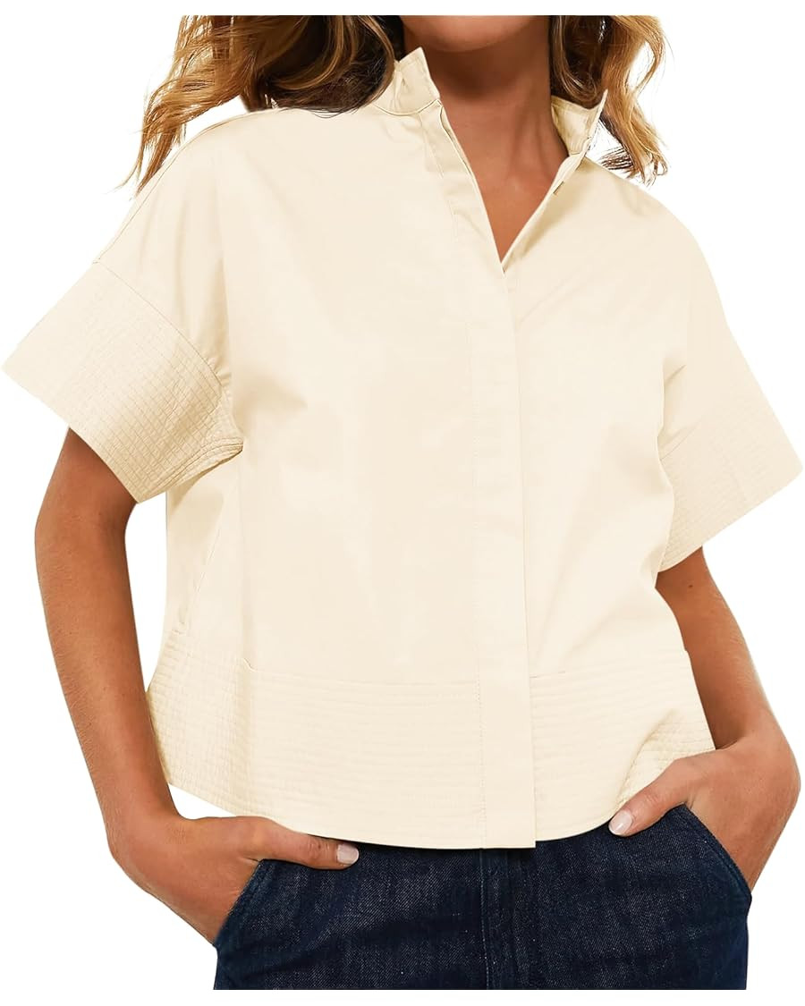 Cicy Bell Womens Cropped Short Sleeve Button Down Shirts Pleated Summer Dressy Casual Blouse Stan... | Amazon (US)