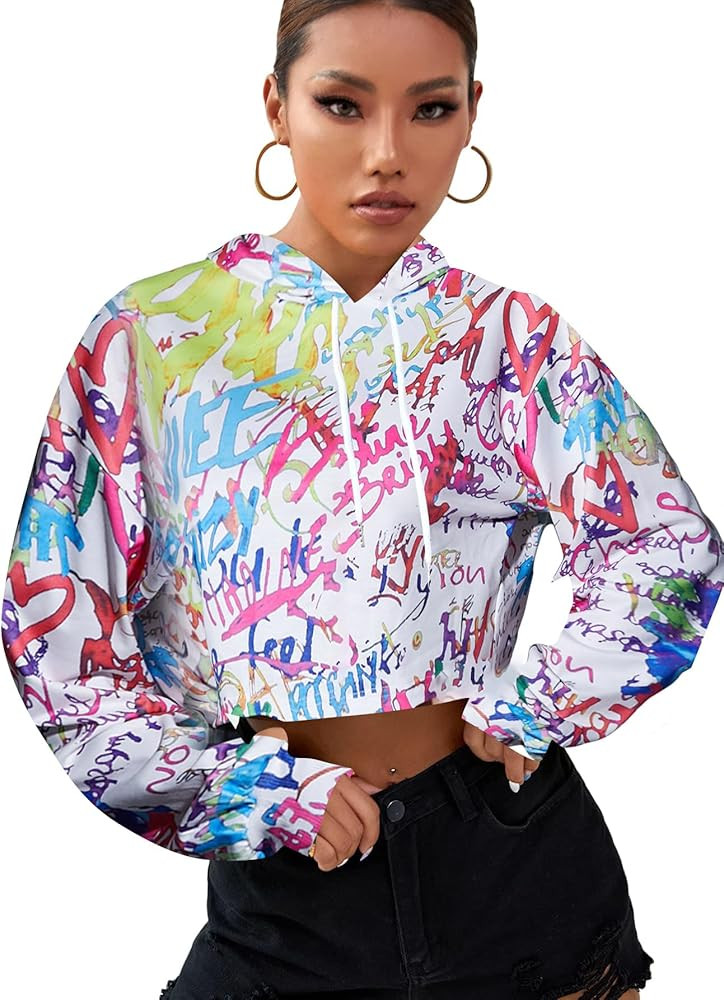 OYOANGLE Women's Crop Hoodie Long Sleeve Fashion Graffiti Print Hooded Sweatshirt Pullover Top | Amazon (US)