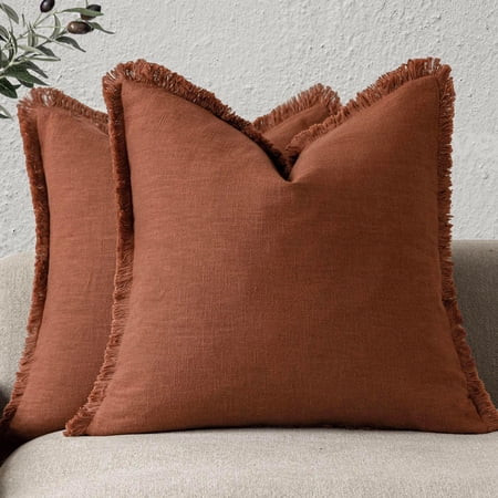 Set of 2 Decorative Linen Fringe Throw Pillow Covers Farmhouse Cushion Cover with Tassels Soft Accent Pillowcase for Couch Chair Sofa Bed Living Room Home Decor,18×18 Inch,Fall Rust Orange | Walmart (US)