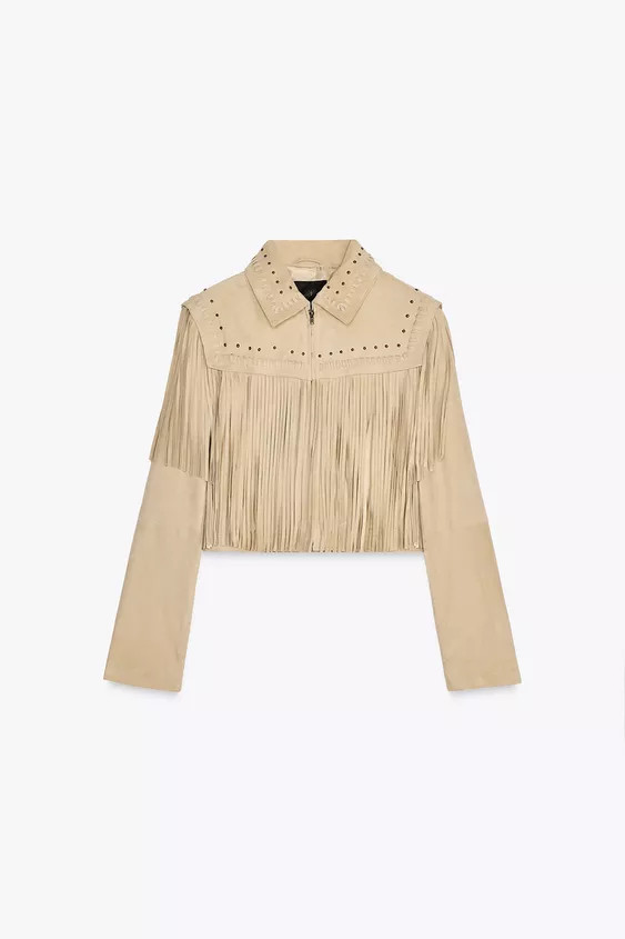 100% suede leather jacket. Lapel collar and long sleeves. Welt pockets on front. Fringe detail in... | Zara US