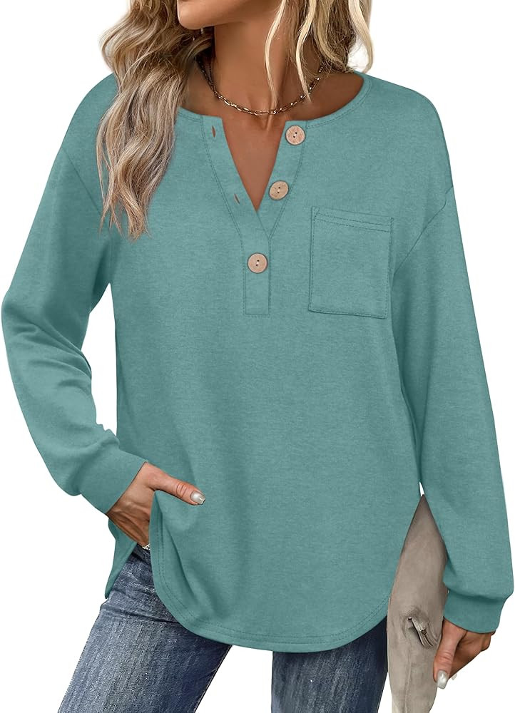OFEEFAN Womens Tops Long Sleeve Curved Hem Tunic Tops V Neck Henley Shirts for Women Dressy Casua... | Amazon (US)