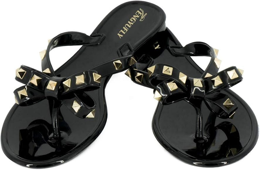 Womens Rivets Bowtie Flip Flops Jelly Thong Sandal Rubber Flat Summer Beach Rain Shoes | Amazon (US)