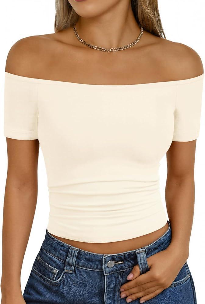 Trendy Queen Summer Off The Shoulder Tops for Women Going Out Short Sleeve Shirts Cute Y2K Sexy B... | Amazon (US)
