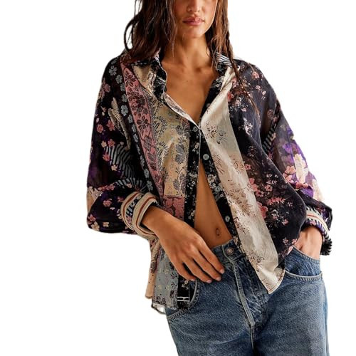 Women Y2k Blouse Shirts Long Sleeve Floral Printed Button Down Shirt Vintage Loose Fit Going Out Tops Dressy, Black, X-Large | Amazon (US)