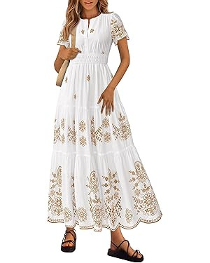 PRETTYGARDEN Boho Dresses for Women 2026 Summer Spring Casual Floral Short Sleeve V Neck Maxi Ela... | Amazon (US)