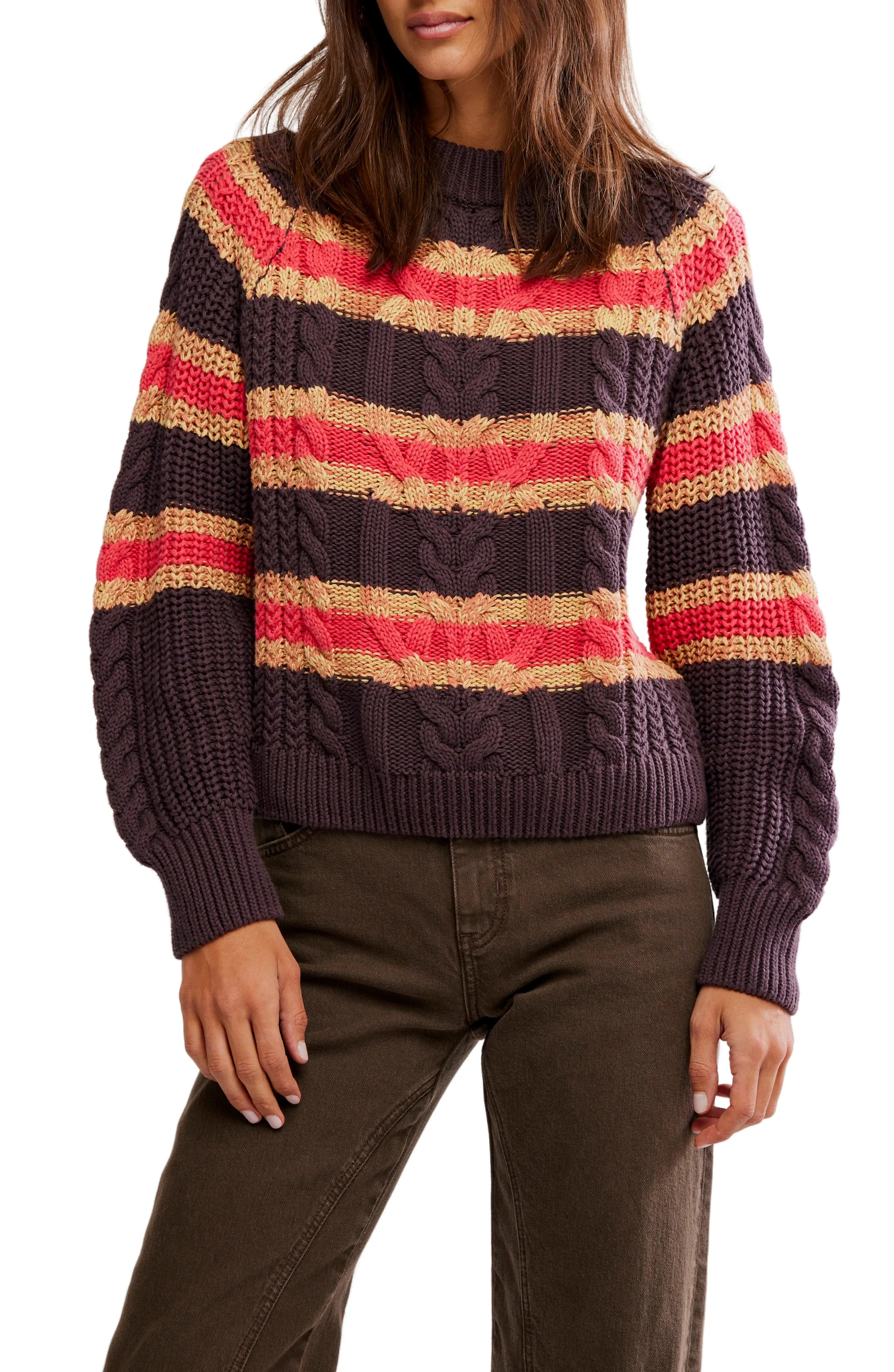 Free People Frankie Stripe Cable Stitch Cotton Sweater in Ivory Combo at Nordstrom, Size Small | Nordstrom