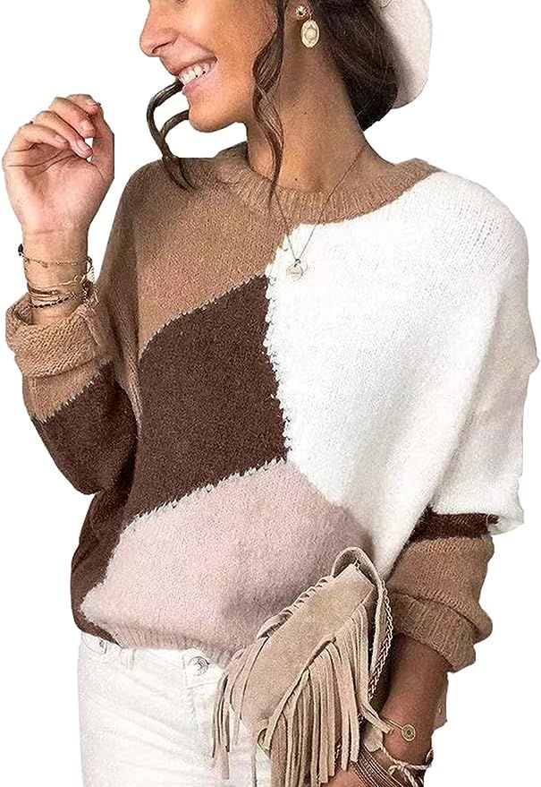 KIRUNDO Women's Fall Sweaters Casual Long Sleeve Crew Neck Zebra Striped Print Color Block Knit S... | Amazon (US)