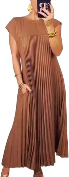 HOULENGS Women's 2024 Casual Short Sleeve Pleated Maxi Dress Loose Fit Crewneck Flowy Long Dress ... | Amazon (US)