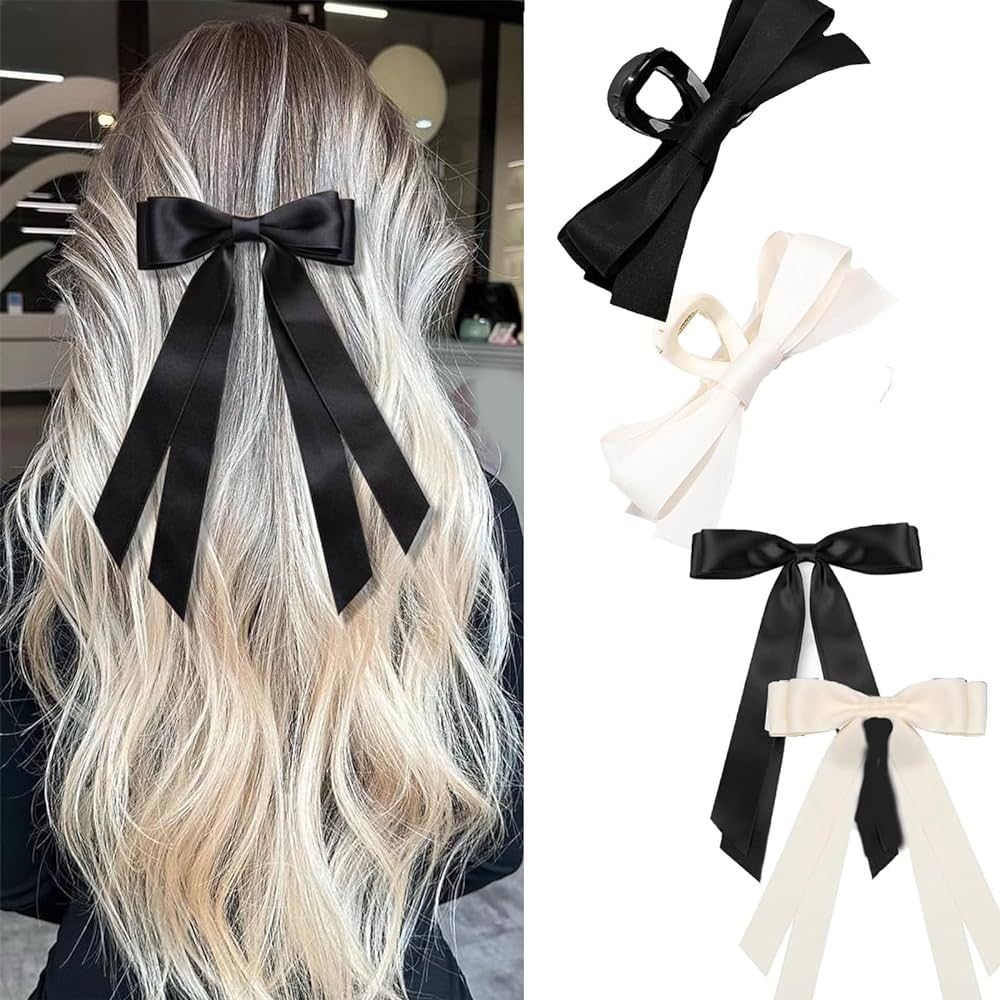 4PCS Hair Bows for Women, Black Hair Bow White Hair Bows with Silky Satin, Bow Hair Clips, Bow Cl... | Amazon (US)