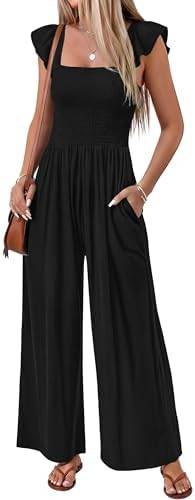 Ekouaer Womens Casual Jumpsuits Summer Boho Outfits Printed Smocked Wide Leg Vacation Jumper With... | Amazon (US)