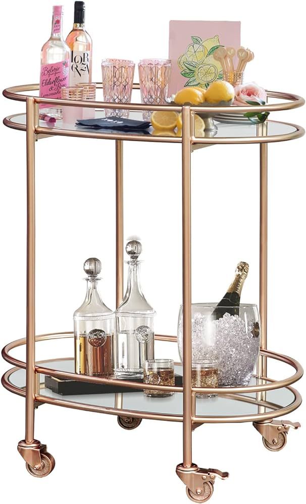 Ohsuaniy Gold Bar Cart, Oval Metal Mirror Home Bar Serving Cart, 2-Tier Outdoor Rolling Wine Cart... | Amazon (US)