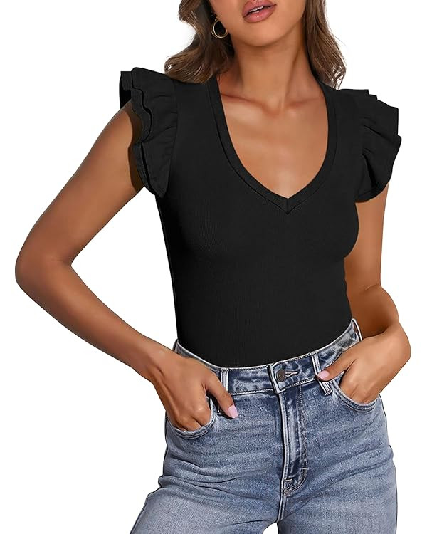 PRETTYGARDEN Womens V Neck Summer Tops Ruffle Sleeveless Slim Fit T Shirts Going Out Casual Blous... | Amazon (CA)