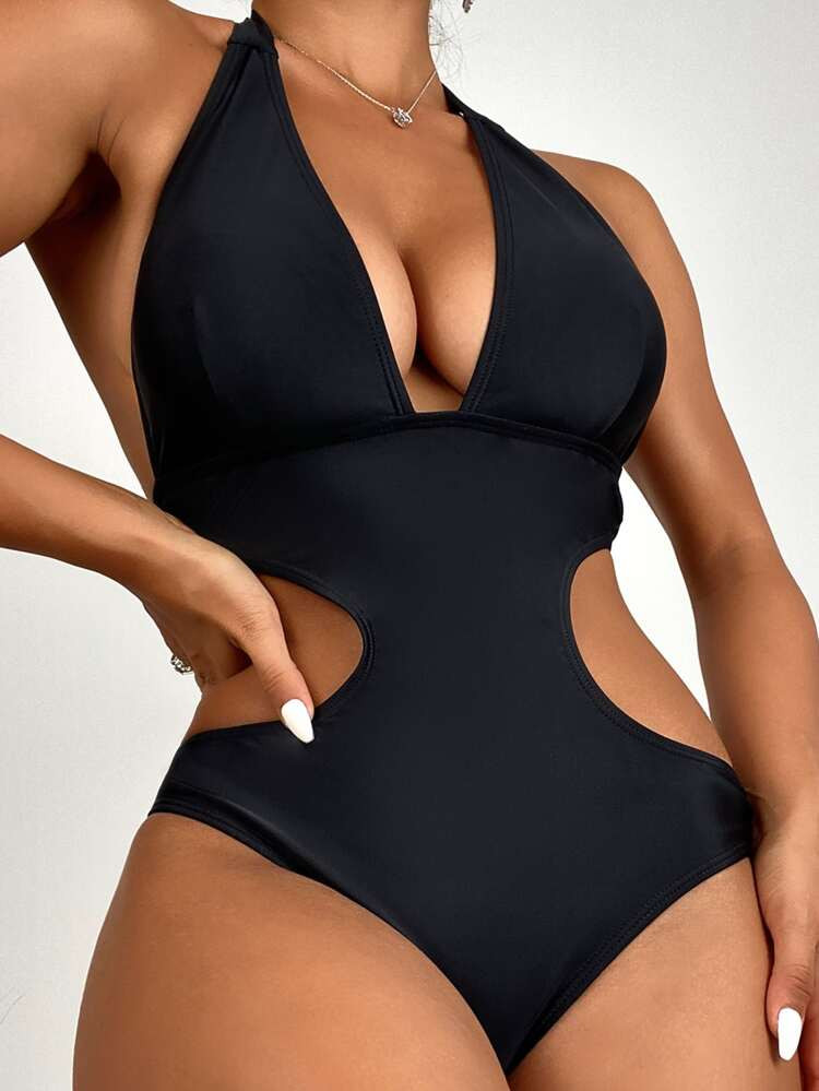 Plain Cut-out Halter One Piece Swimsuit | SHEIN