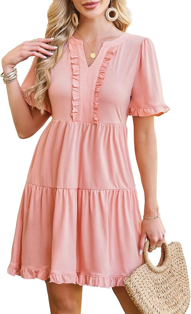 Naggoo Women's Summer Dresses Casual V Neck Short Sleeve A Line Tiered Ruffle Swing Mini Beach Dr... | Amazon (US)