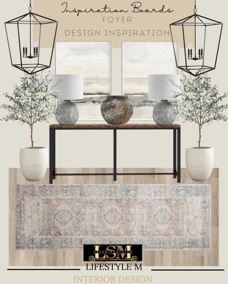 Modern farmhouse foyer inspiration. Recreate the look at home by shopping the pieces below. Wood metal frame console table, foyer runner, white planters, faux olive trees, gray table lamps, artisan vase, black lantern pendant lights, wall art, floor wood tile. 

#LTKstyletip #LTKSeasonal #LTKhome