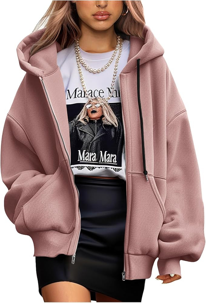 PRETTYGARDEN Women's 2024 Fall Oversized Hoodies Sweatshirt Long Sleeve Zip Up Pockets Loose Fit ... | Amazon (US)